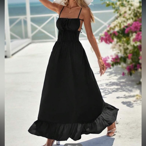 Boho square neck backless strappy ruffle maxi dress green - Picture 3 of 6